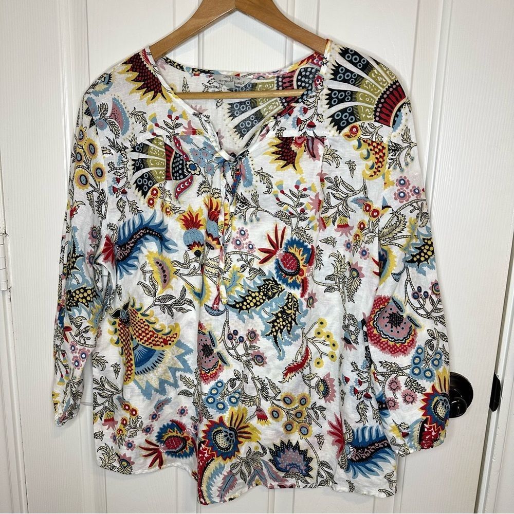 Linen Blend By Hester & Orchard White Multicolor Floral Long Sleeve Blouse XL